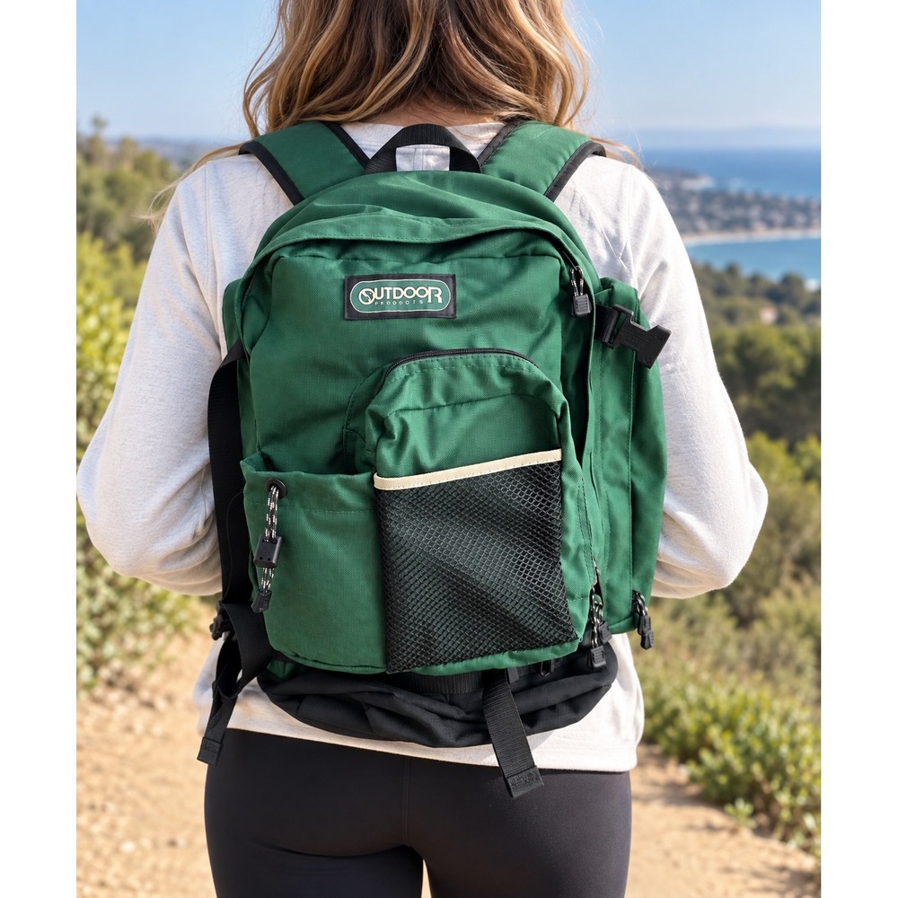 Outdoor Products Unisex Backpack Green Nylon Multi Pocket Gorpcore Daypack OS